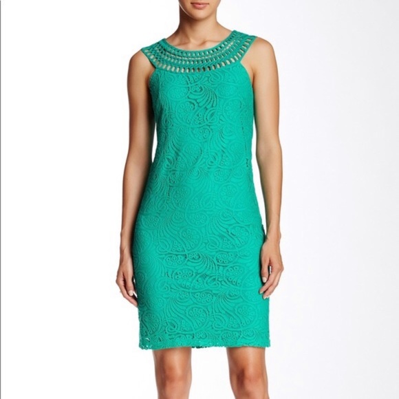 Eliza J teal lace overlay sleeveless shift dress